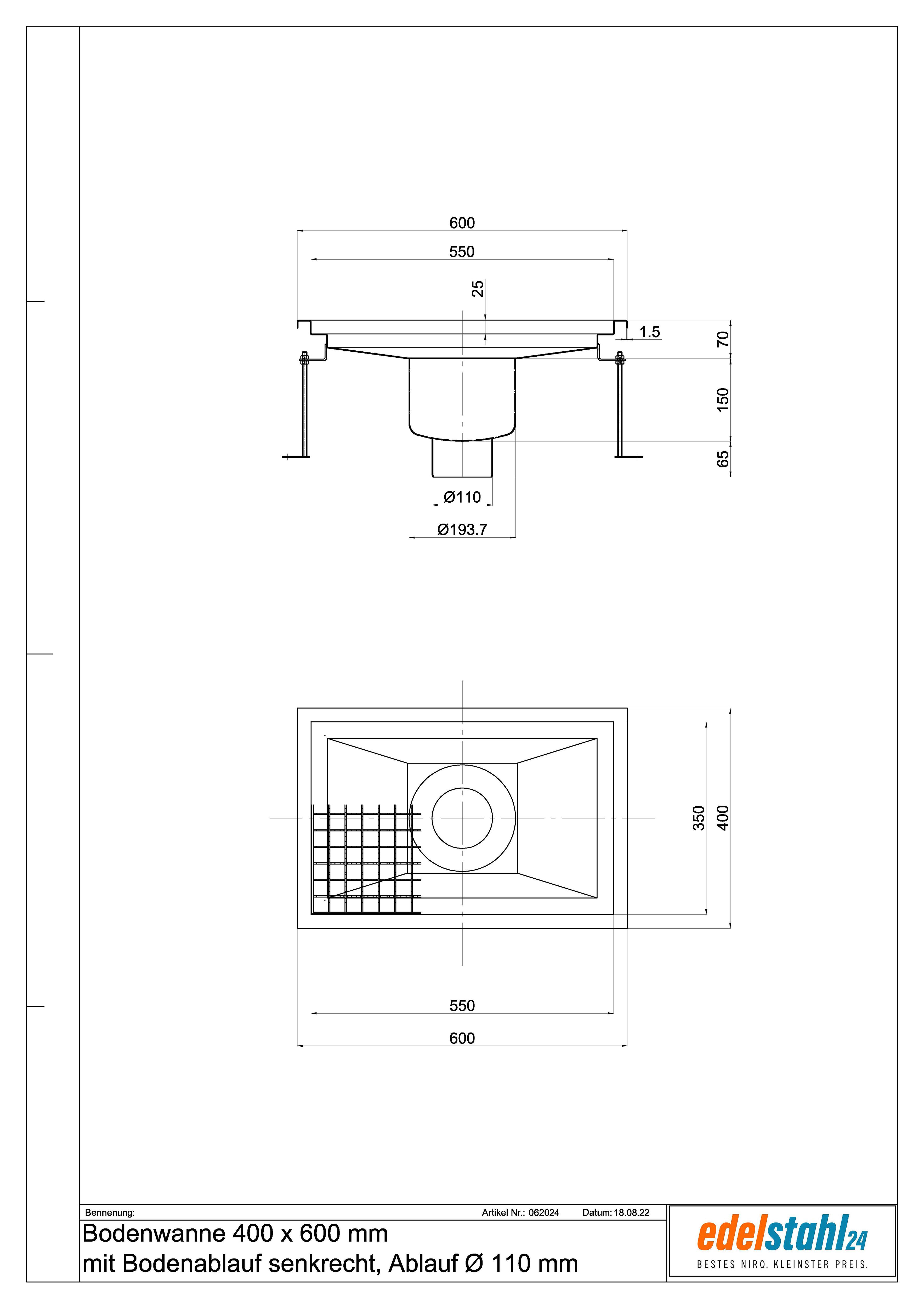 Bodenwanne 400 x 600 mm aus Edelstahl