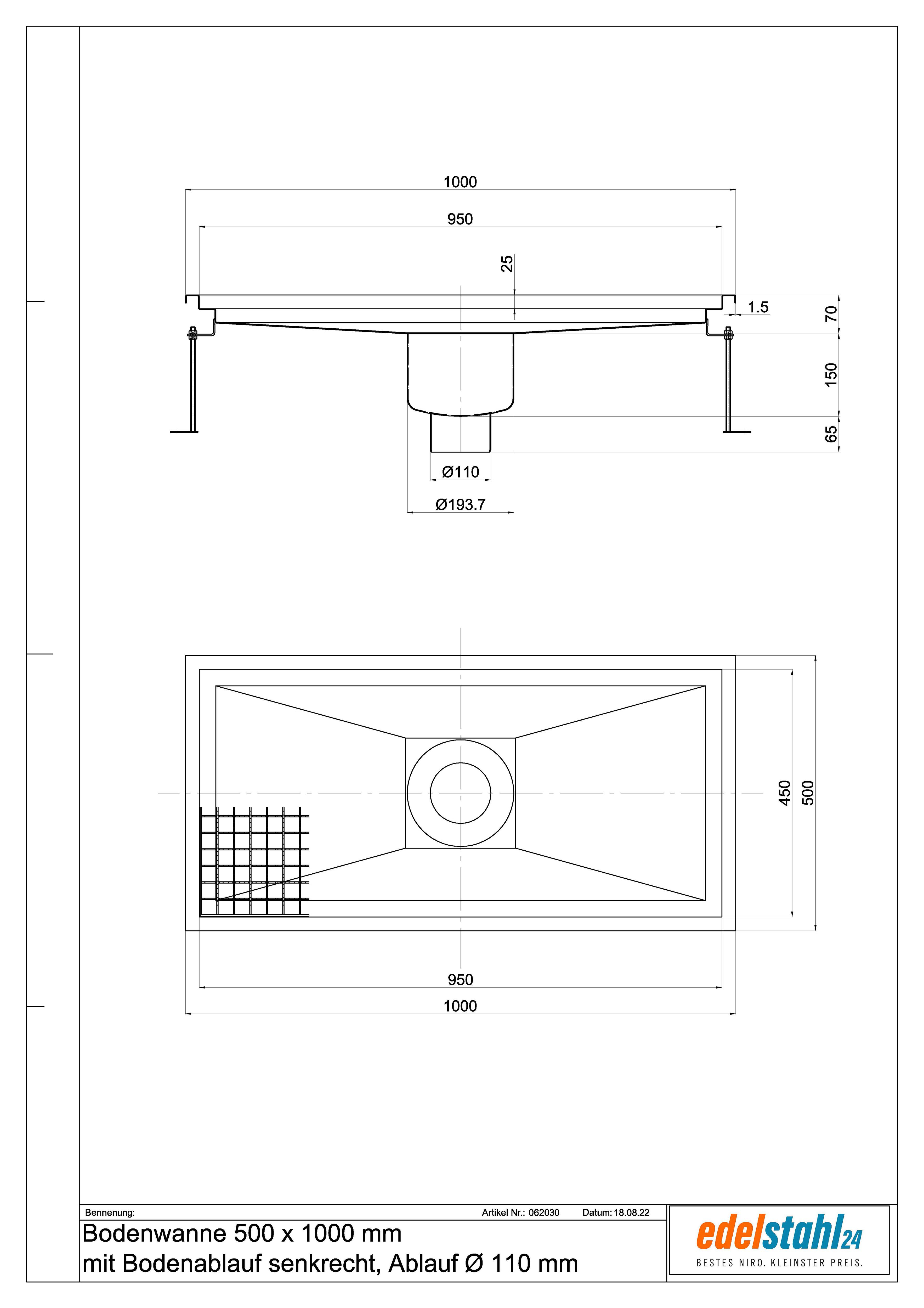 Bodenwanne 500 x 1000 mm aus Edelstahl