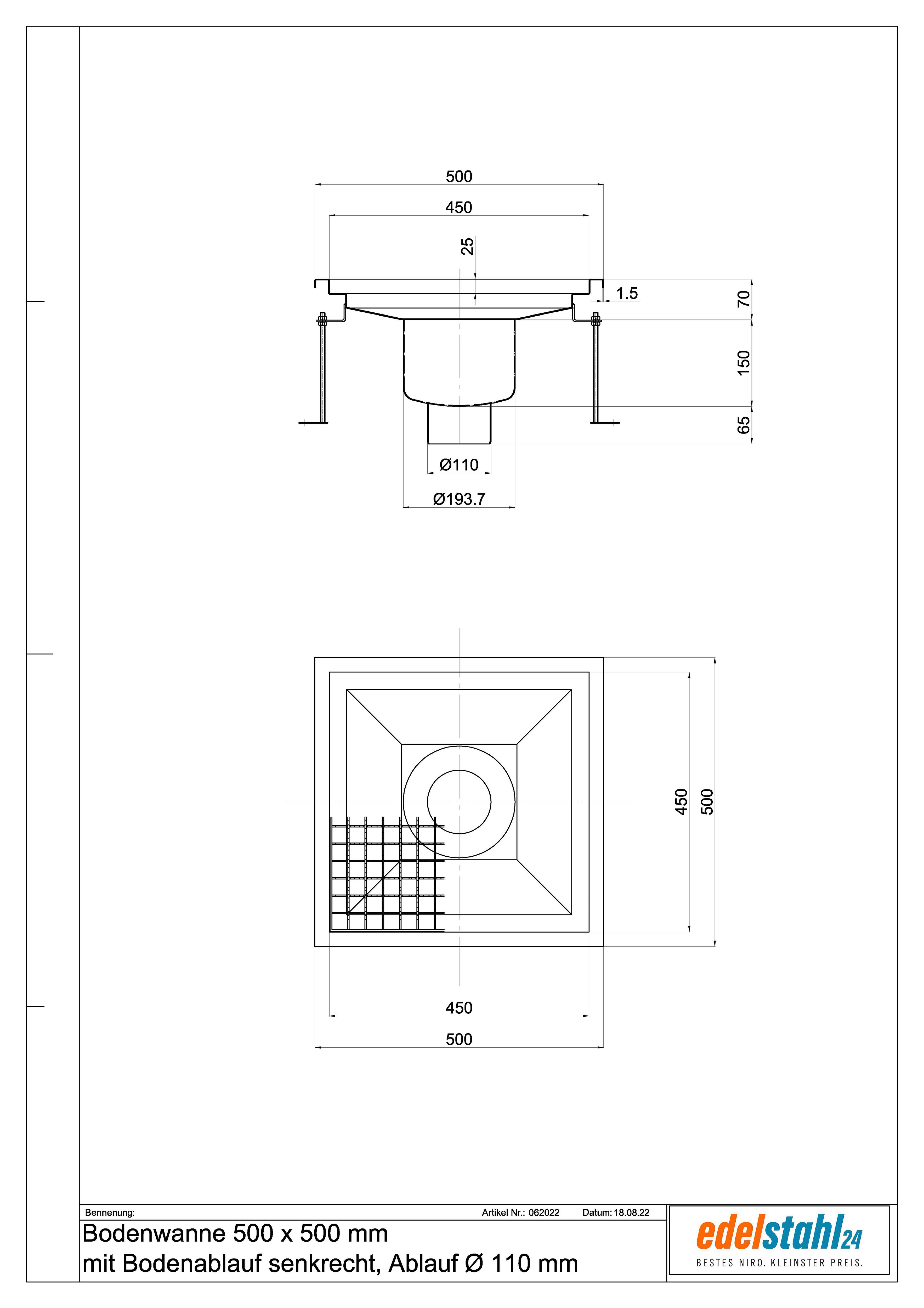 Bodenwanne 500 x 500 mm aus Edelstahl