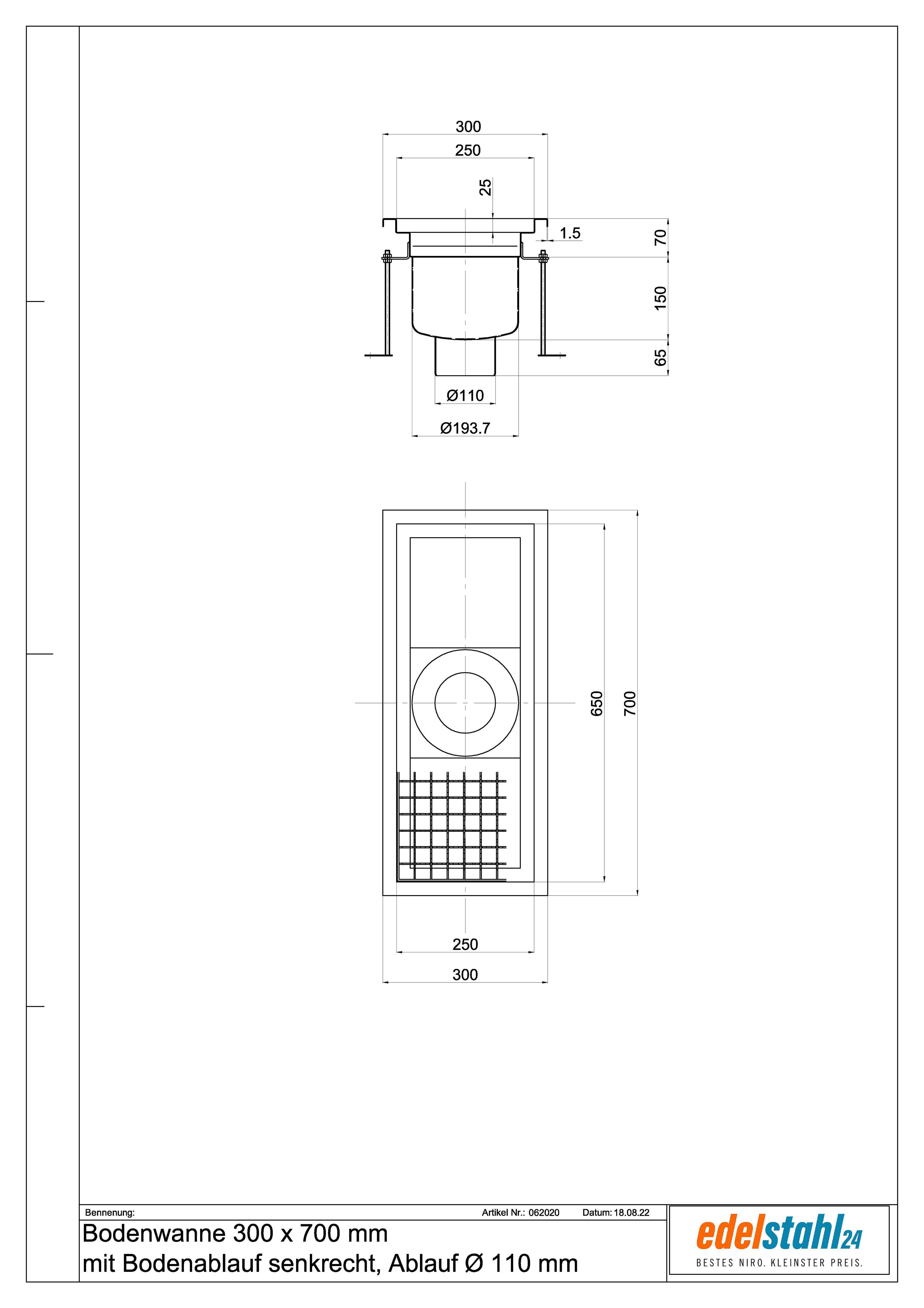 Bodenwanne 300 x 700 mm aus Edelstahl