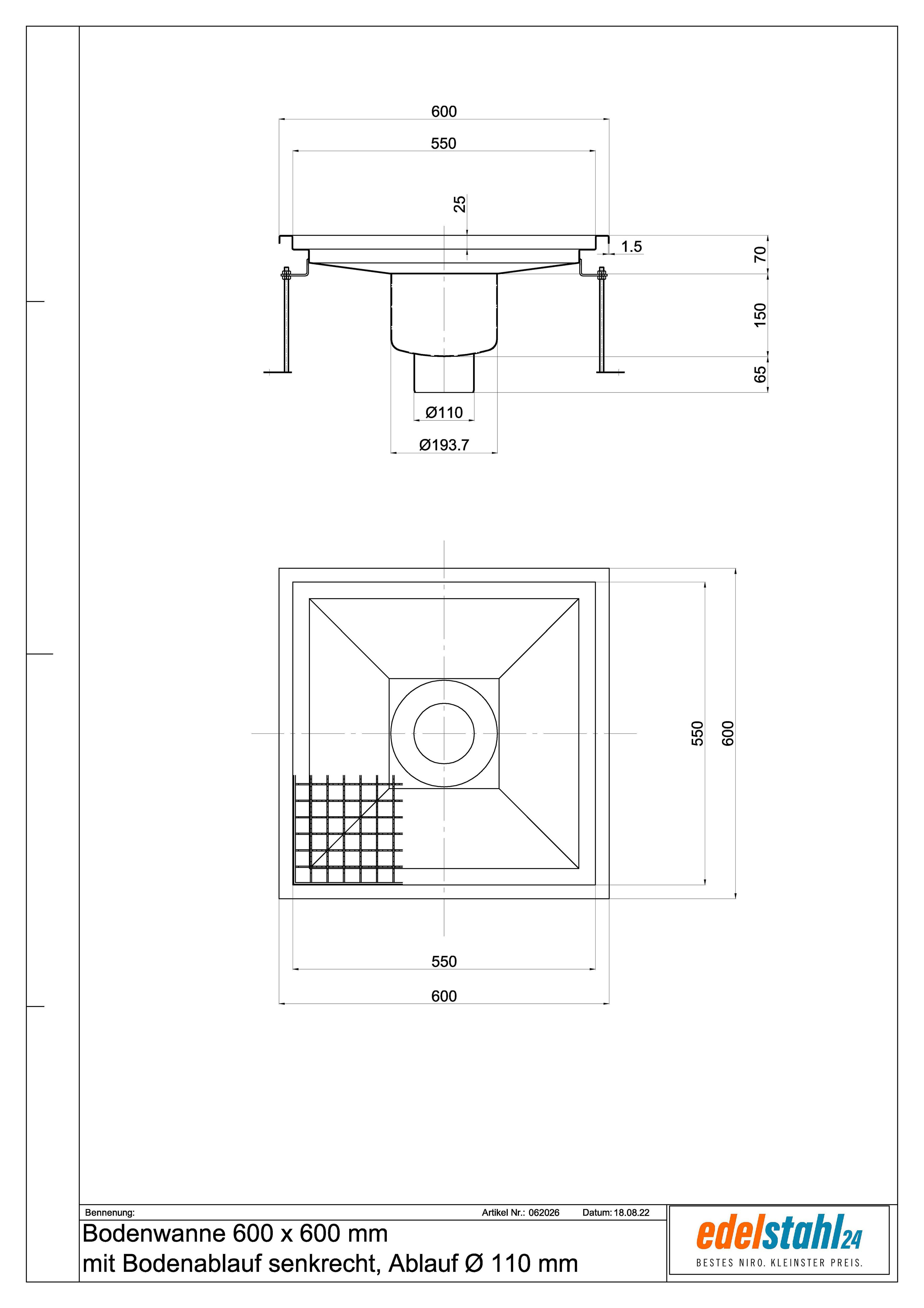 Bodenwanne 600 x 600 mm aus Edelstahl